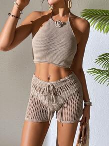 SHEIN Swim Conjunto de 2 piezas para mujer de top de punto con tirantes cruzados en la espalda y shorts de playa para vacaciones de primavera y verano, con pantalones de malla transparente con decoración de flores de ganchillo como cubierta de traje de baño