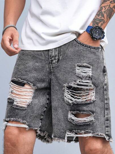 Manfinity LEGND Plus Size Men Washed Distressed Denim Shorts Going Out Hang Out Tropical Vacation Street