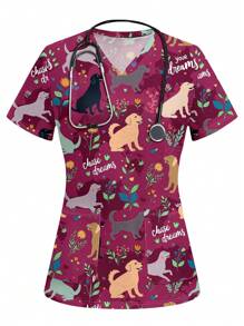 PopScrub Pet Lover's Day Dog Cartoon & Letter Print Nurse Scrub Uniform Top For Women - Multicolor - View 1