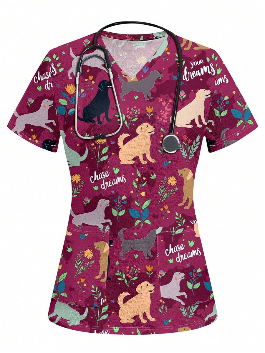 PopScrub Pet Lover's Day Dog Cartoon & Letter Print Nurse Scrub Uniform Top For Women - Multicolor - View 1