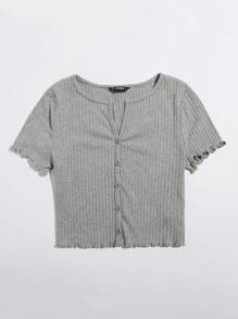 SHEIN EZwear 紐扣生菜邊短版上衣 - 灰色 - 查看 3