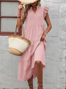 EMERY ROSE Notched Neckline Ruffle Trim Smock Dress Maxi Vacation Beach Outfits Women - Pink - View 6