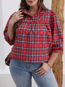 SHEIN LUNE 大码中长袖褶皱格纹印花休闲衬衫，日常穿着