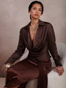 COSMINA Women's Solid Color Off-Shoulder Long Sleeve Elegant Office Shirt