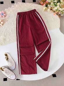 Girls Casual Sports Fashion Simple Elastic Waist Loose Wide Leg Pants, Embroidered Floral Trim, Girls Leisure Sports Trousers, Cargo Pants - Burgundy - View 3