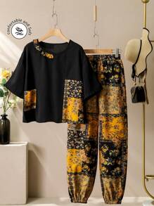 Lacomfia 2pcs/Set Women Linen Blended Print Patchwork Short Sleeve Top - Multicolor - View 1