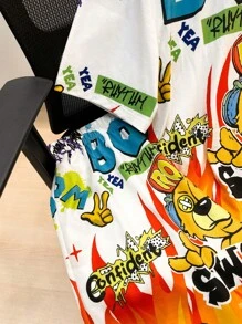 SHEIN Leap Crew 2pcs Set Teen Boy'sStreetwear Flame Printed Short Sleeve T-Shirt And Shorts 2PCS Outfit;Spring Wear; Teen Boys' Clothing; Teen Boy' Jackets, Spring Back To School - Multicolor - View 4