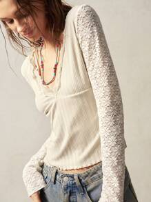 Bohemela Boho 1 Pc Women Fitted V-Neck Long Sleeve Solid Color Knit Blouse - Beige - View 2