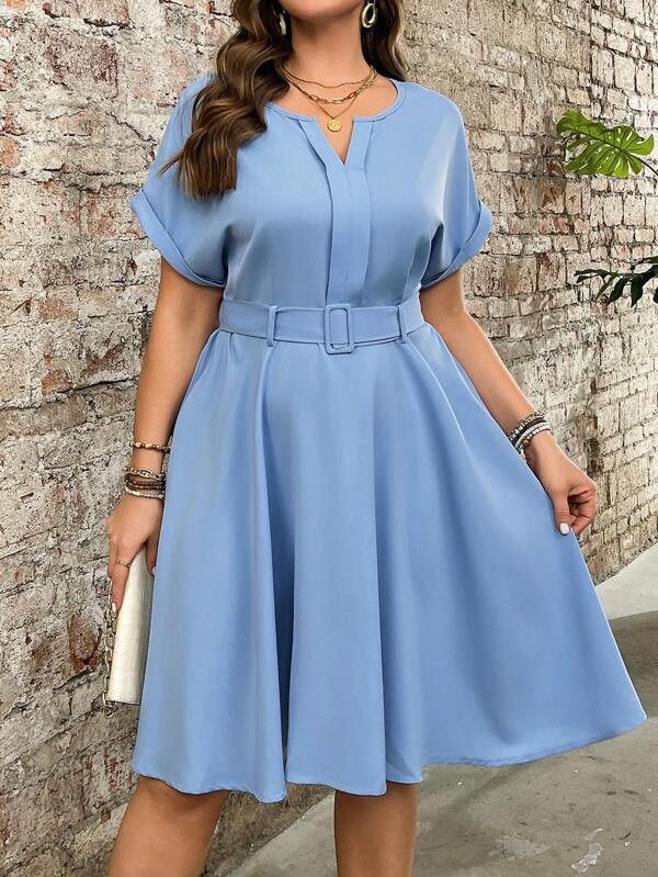 Rometta Vestido informal de vacaciones con cuello en V y cintura ceñida, color burdeos, tallas grandes