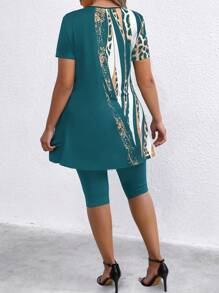 SHEIN LUNE Plus Size Vrouwen Luipaard Print Ronde Hals Korte Mouw Top + Shorts 2 Stuks Set