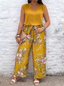 SHEIN VCAY Plus Size Boho Holiday Solid Color Notched V-Neck Blouse & Floral Print Wide Leg Pants 2 Pieces Set, For Summer - Yellow - View 6