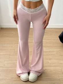SHEIN EZwear Lace Patchwork Low Waist Flare Pants With Ballet Style