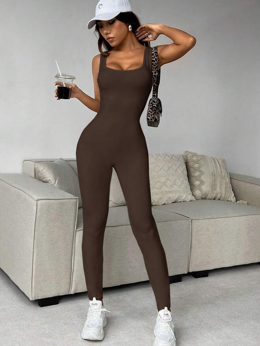 SHEIN EZwear Women's Solid Color Wide Strap Casual Slim Fit Jumpsuit - Coffee Brown - View 1