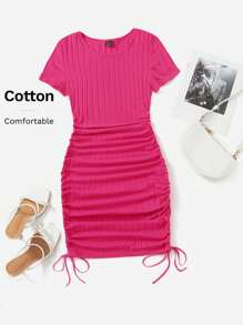 SHEIN EZwear Drawstring Side Rib-knit Bodycon Dress - Hot Pink - View 6