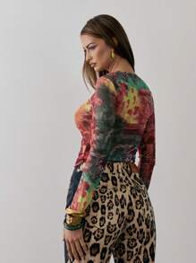 MUSERA Mesh Print Fitted Long Sleeve Top Ibiza Boho Festival Rave Going Out Top Fall Winter   Elegant Spring Summer Carnival - Multicolor - View 3