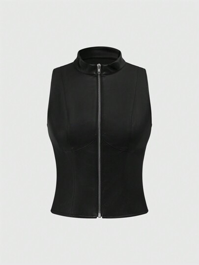 Grunge Punk Sexy Punk Music Festival Holiday Open Front Zipper PU Sleeveless Cropped Jacket