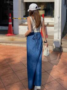 DAZY 女式休闲简约超长牛仔连衣裙，返校服装 - 藍色 - 查看 8