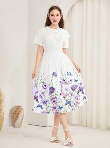 SHEIN Adolescente Fete Alb Culoare uni Elegant Zilnic Ocazional Vacanță 3D Decor cu flori Tricou cu mânecă scurtă cu gât turnu, Tricou pentru petrecere a timpului liber - alb - Vizualizare 5