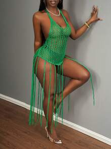 Slaydiva Vestido de punto con flecos de estilo de playa calado con tejido de ganchillo - Verde - Ver 3