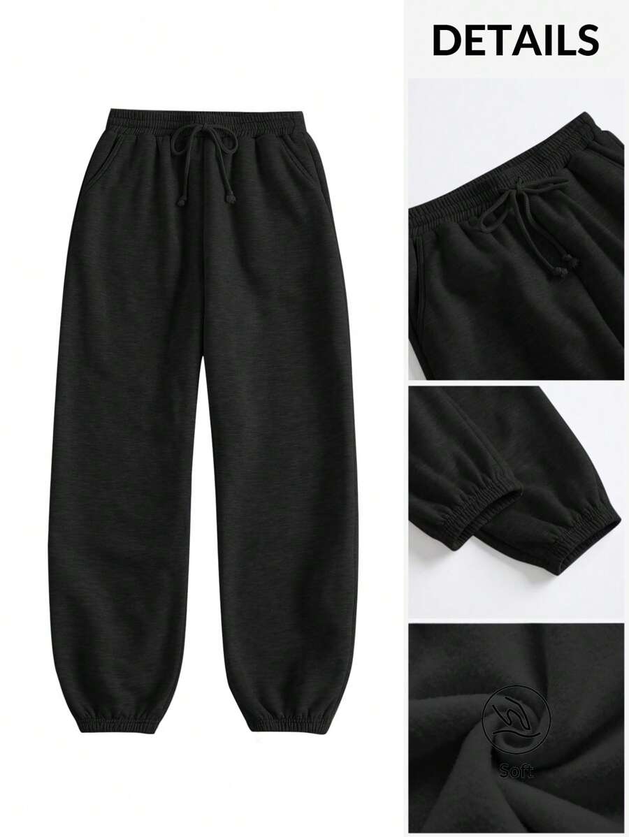 SHEIN BASICS Quần dài dệt kim màu trơn túi rộng thể thao thường ngày cho nữ - màu đen - Xem 1