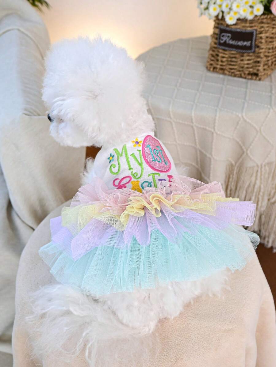 PETSIN 1pc Pet Dog Cat Universal Easter Costume Dress, Cute Embroidery Gradient Tulle Puffy Princess Style Pet Dress, For Gift - Multicolor - View 1