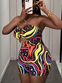 Slaydiva Plus Size Women Sexy Cutout Halter Crop Top And Mini Shorts Set For Vacation