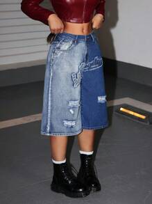 SHEIN ICON Women's Casual Front Button Pocket Distressed Denim Jeans - Blue - View 4