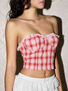 Easelle 女士蕾丝拼布抹胸，简约修身休闲度假上衣 - 粉色 - 查看 3