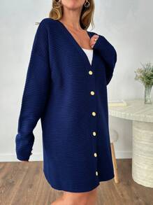 SHEIN Cottnline Navy Ribbed Button-Up Cardigan – Elegant And Timeless Layering Piece - Navy Blue - View 5