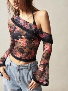 Bohemela BOHO Asymmetric Neck Long Sleeve Fitted Cropped Women Blouse - Black - View 4