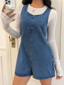 Siren Gaze Peto vaquero informal de mujer con pantalones cortos, sin mangas, ajustado - Azul - Ver 4