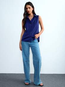 Lumivelle Elegant New Satin Shirt Blouse, Mid-Length Top With Lapel Drapery, Women Fashion Solid Color Sleeveless Turndown Collar Shirt, Office Workwear