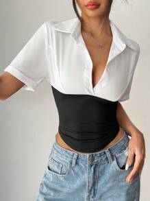 SHEIN Unity Elegant Color Block Fitted Short Sleeve Shirt - Multicolor - View 3