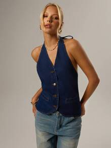 Forever 21 Spring New Halter Neck Sleeveless Open Back Washed Denim Tied Women Denim Tank Top - Blue - View 6