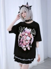 ROMWE Anime Camiseta extragrande de mujer con estampado de calavera mutante y letras, estilo callejero y punk