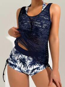 Swim Lushoire 女士 3 件套沙滩装，深 V 椰子树印花短裤搭配镂空针织和服和吊带背心，成熟度假风格，适合新年， - 藏蓝色 - 查看 1