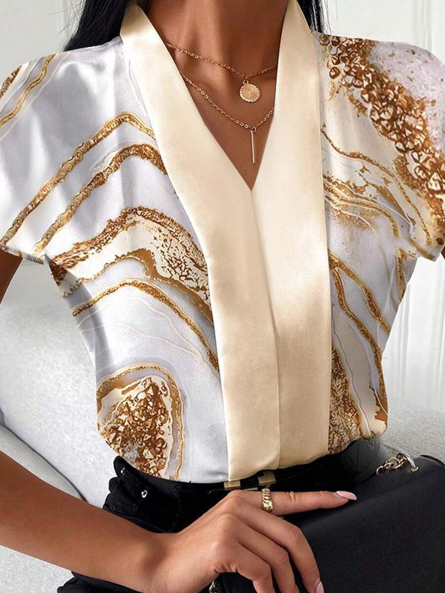 SHEIN Clasi Gold Foil Print Color Block Collar Ladies Blouse,Teacher Shirts - Multicolor - View 1