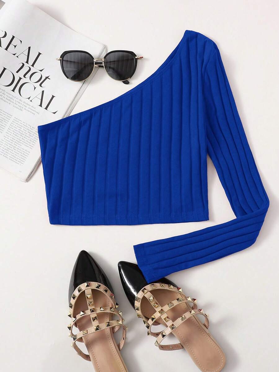 SHEIN EZwear 單肩羅紋針織短版上衣 - 寶藍色 - 查看 1