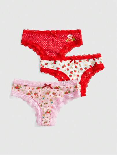 Strawberry Girl Lace Bow 3-Pack Hipster Panties