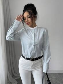 Elenzga Blusa holgada de mujer de manga larga, cuello alto y frente abierto, con diseño de rayas, elegante y de moda