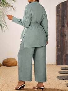 SHEIN LUNE 大码休闲纯色腰带、衬衫和直筒裤