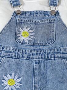 SHEIN Young Girl Daisy Embroidered Chic Fashionable Denim Backpack Jeans - Medium Wash - View 4