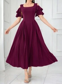 Modelyn Women's Solid Color Off The Shoulder Short Sleeve Casual Long Dress - Red Violet - View 7