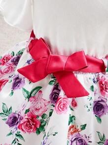 SHEIN Babygirl 夏季可爱缎面花卉印花上衣和迷你裙套装 - 白色 - 查看 6