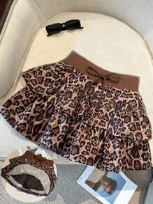SHEIN Unity Casual Fashionable Daily Contrast Color Elastic Waist Leopard Print Ruffled High Waist Anti-Exposure Mini Skirt For Women - Coffee Brown - View 3