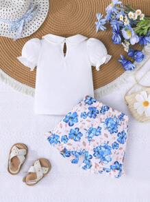2pcs Baby Girl Summer Outfit,Cute White Peter Pan Collar Floral Embroidered Short Sleeve Blouse,Sweet Bowknot Printed Flowy Shorts,Vacation Fashion - Multicolor - View 4