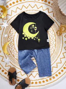 Camiseta negra con gráfico de luna para bebés niño y pantalones de efecto jean, conjunto casual para juegos al aire libre o eventos, de moda y versátil - Multicolor - Ver 4
