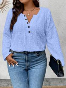 Calvaya Hơn Nút Nửa Lỗ gắn thêu Áo thun - Màu xanh lam - Xem 3