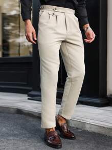 Manfinity Mode 男式纯色褶皱口袋直筒休闲长裤 - 淺灰色 - 查看 5