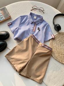 SHEIN 年轻男孩 2 件/套超值套装休闲运动学院风彩色条纹 Polo 领短袖衬衫和卡其色梭织短裤，适合日常、春夏季、运动、户外、校园、派对、节日、拍照、返校季 - 藍色 - 查看 3
